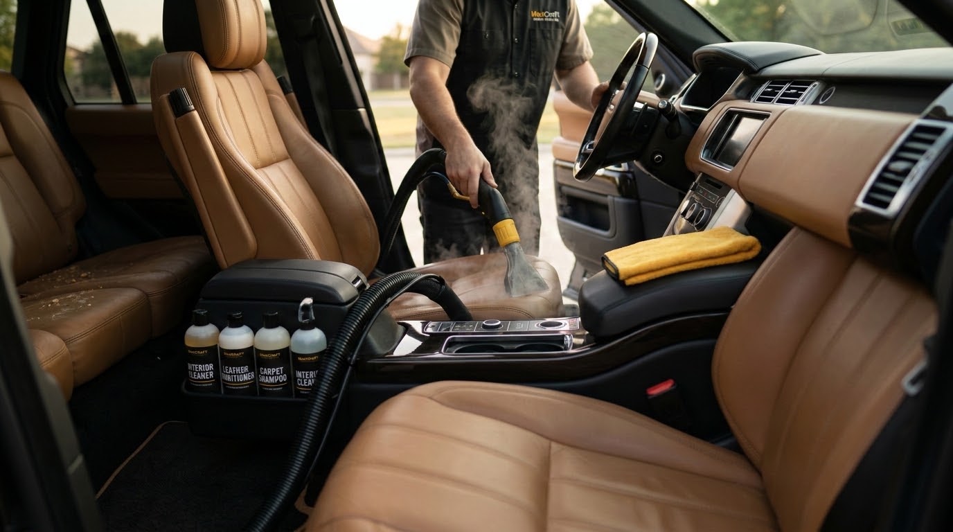 Professional interior auto detailing in San Antonio — steam cleaning leather seats during a full detail