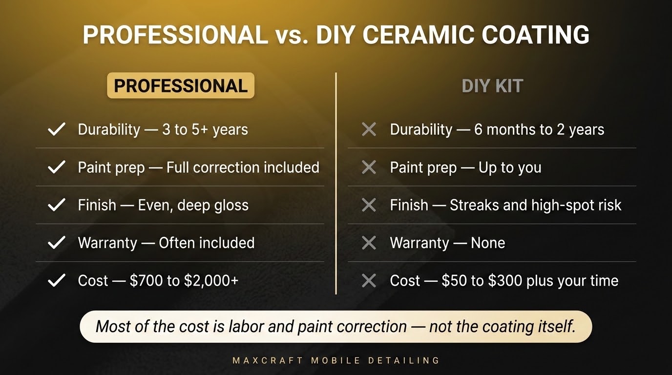 Comparison of professional versus DIY ceramic coating on durability, paint prep, finish, warranty, and cost