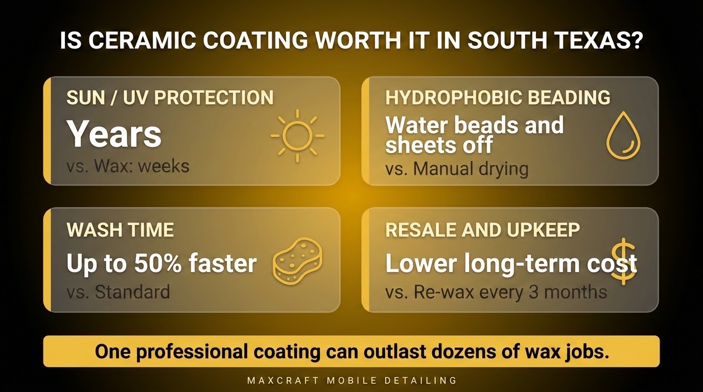 Metric cards showing ceramic coating value in South Texas: UV protection, hydrophobic beading, faster washing, and lower long-term upkeep cost